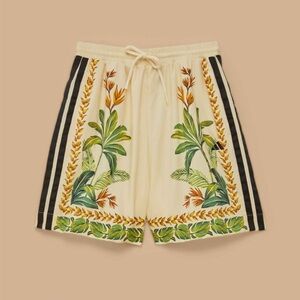 FARM Rio Cream Tropical-Print Athletic Shorts with Addidas Black Side Stripes